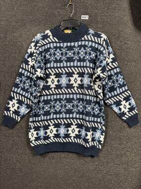 Vintage Dana Scott Sweater Mens Large Navy Aztec Geometric Knit Made USA 90s